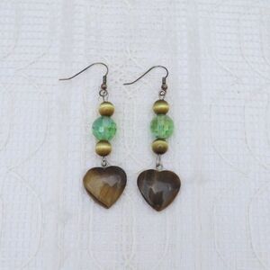 Tiger Eye Heart Dangle Earrings w/ Green Crystal Bead, Business and Boho Jewelry
